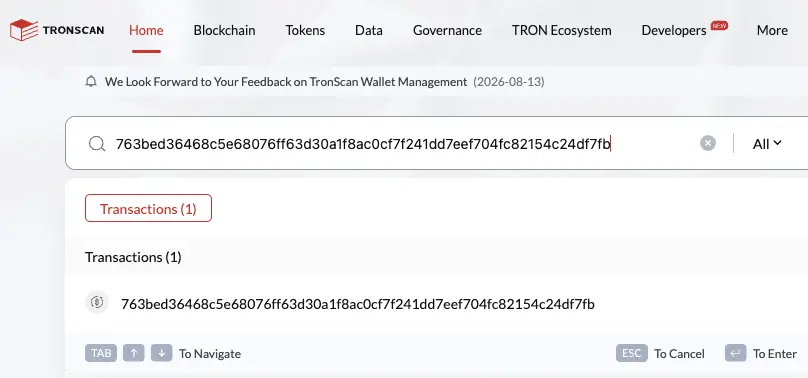The Tronscan search box with a transaction ID pasted in and the Transactions (1) result below it