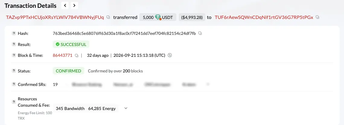 A USDT transaction page on Tronscan: Result shows SUCCESSFUL, Status shows CONFIRMED and Confirmed SRs is 19