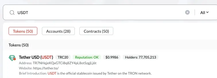 Tronscan search results for USDT: 50 tokens, the first being Tether USD (USDT) with contract TR7NHqjeKQxGTCi8q8ZY4pL8otSzgjLj6t